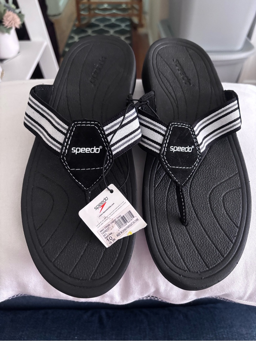 Speedo Black Slide Sandals with White Striped Strap